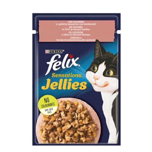 پوچ گربه فلیکس با طعم ماهی سالمون و میگو در ژله Felix Sensation Salmon in Shrimp flavored Jelly وزن 85 گرم