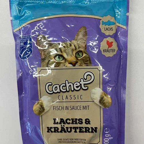 پوچ گربه کچت با طعم ماهی سالمون و گیاهان دارویی در ژله Cachet lachs & krautern Jelly وزن 100 گرم