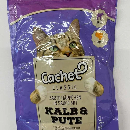 پوچ گربه کچت با طعم گوشت گوساله و بوقلمون در ژله Cachet kalb& pute In Jelly وزن 100 گرم